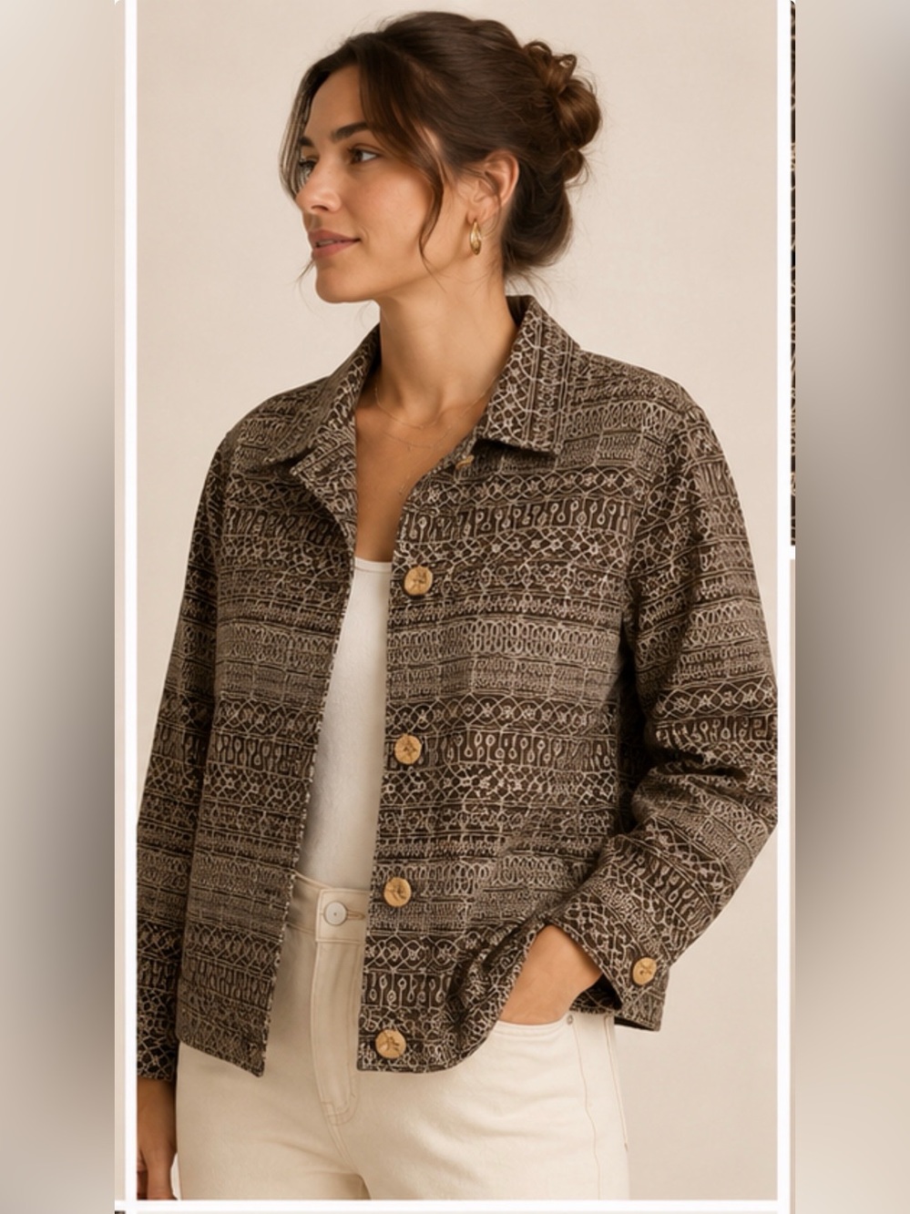 Liz Claiborne‎ First Issue Brown Geometric Print Cotton Jacket Large